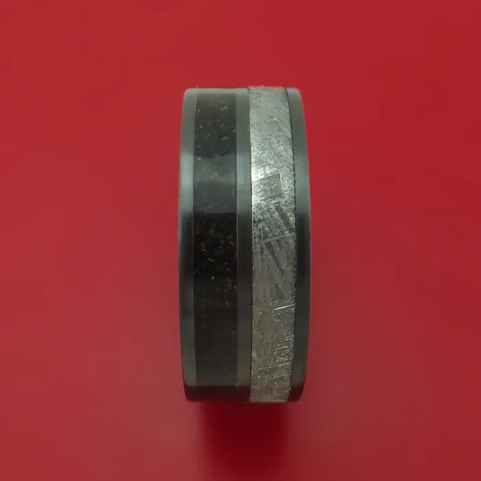 Lashbrook Black Zirconium Ring with Gibeon Meteorite and Dinosaur Bone Inlays and Interior Hardwood Sleeve Custom Made Band Rings Lashbrook Black Zirconium Ring with Gibeon Meteorite and Dinosaur Bone Inlays and Interior Hardwood Sleeve Custom Made Band Rings
