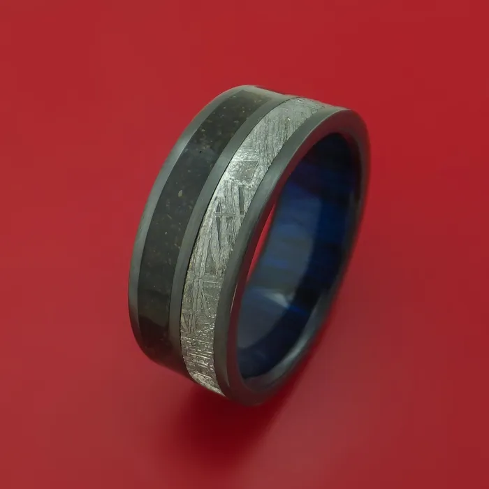 Lashbrook Black Zirconium Ring with Gibeon Meteorite and Dinosaur Bone Inlays and Interior Hardwood Sleeve Custom Made Band Rings Lashbrook Black Zirconium Ring with Gibeon Meteorite and Dinosaur Bone Inlays and Interior Hardwood Sleeve Custom Made Band Rings