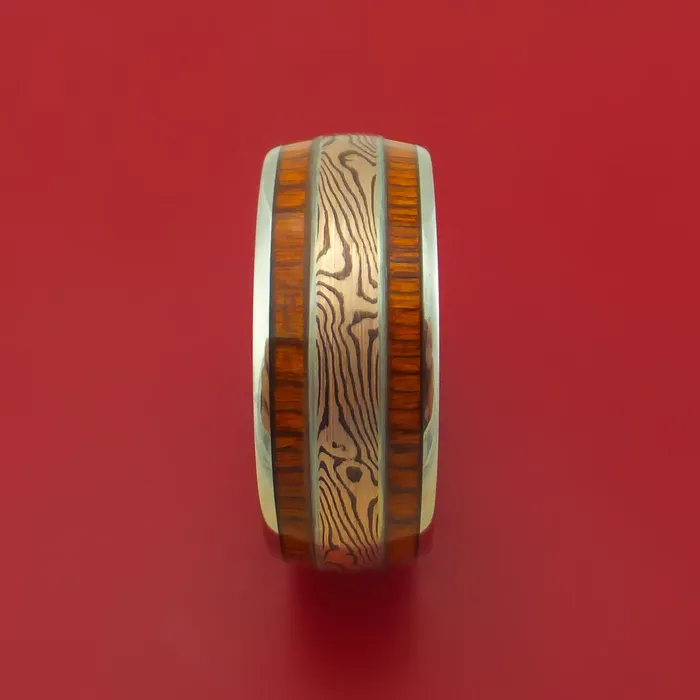 Lashbrook Rings 14K White Gold Ring with Wood Inlays and Mokume Custom Made Band Lashbrook Rings 14K White Gold Ring with Wood Inlays and Mokume Custom Made Band