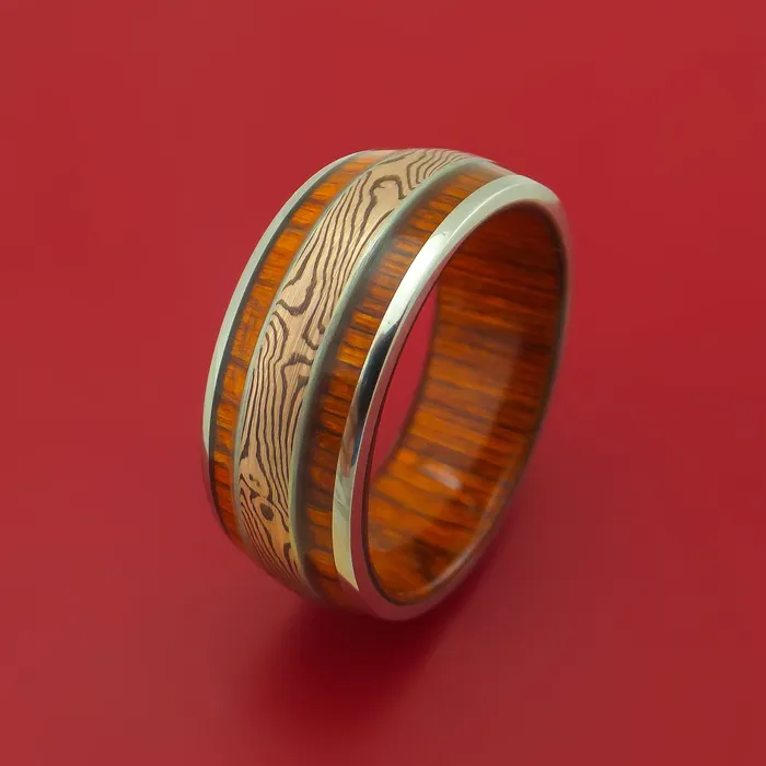 Lashbrook Rings 14K White Gold Ring with Wood Inlays and Mokume Custom Made Band Lashbrook Rings 14K White Gold Ring with Wood Inlays and Mokume Custom Made Band