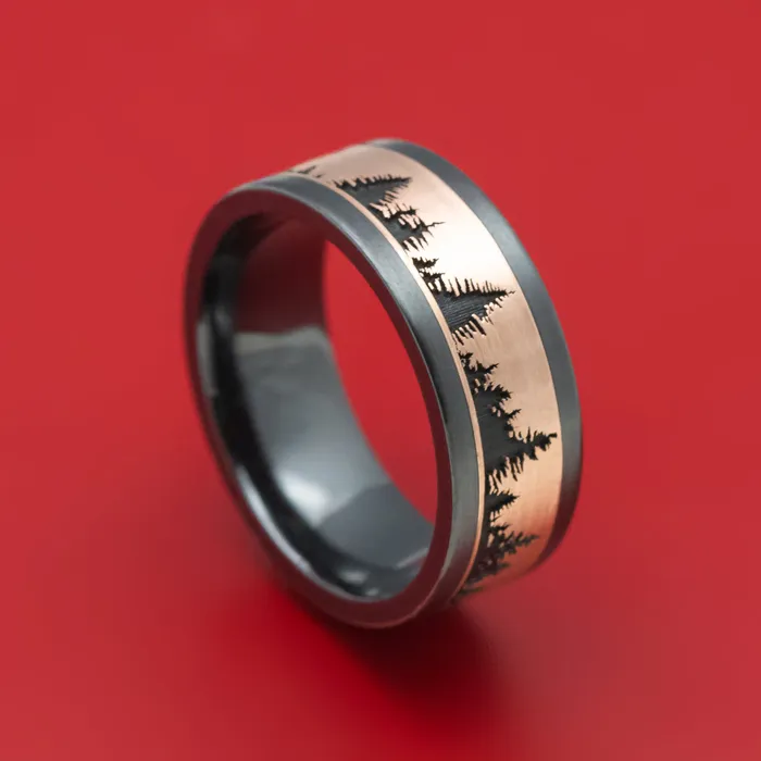 Lashbrook Rings Black Zirconium And Gold Pine Tree Design Ring