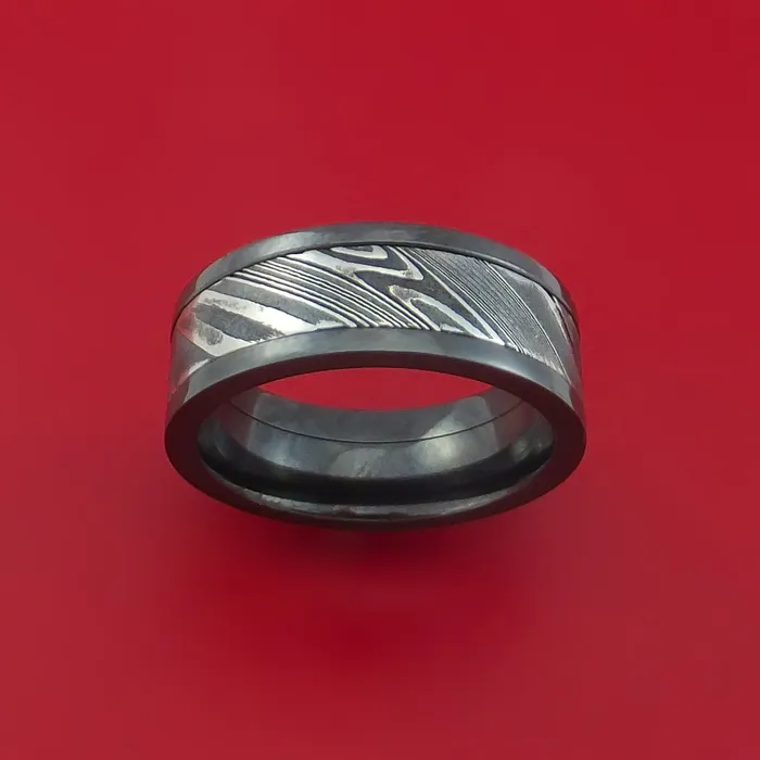 Lashbrook Rings Black Zirconium Ring with Kuro Damascus Steel Inlay Custom Made Band Lashbrook Rings Black Zirconium Ring with Kuro Damascus Steel Inlay Custom Made Band