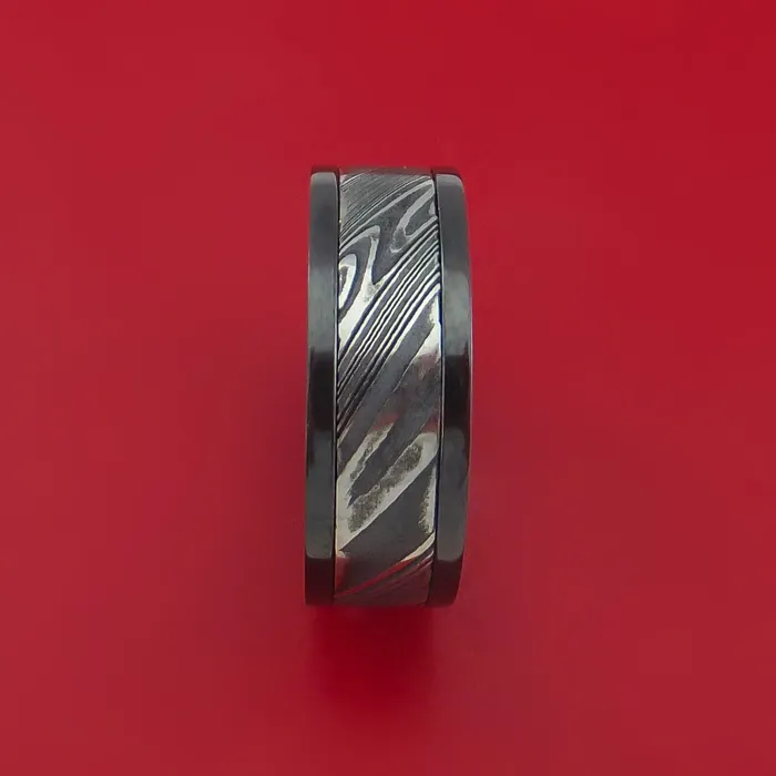 Lashbrook Rings Black Zirconium Ring with Kuro Damascus Steel Inlay Custom Made Band Lashbrook Rings Black Zirconium Ring with Kuro Damascus Steel Inlay Custom Made Band