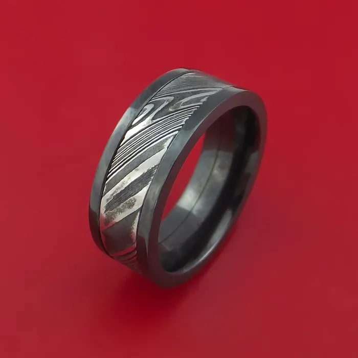 Lashbrook Rings Black Zirconium Ring with Kuro Damascus Steel Inlay Custom Made Band Lashbrook Rings Black Zirconium Ring with Kuro Damascus Steel Inlay Custom Made Band