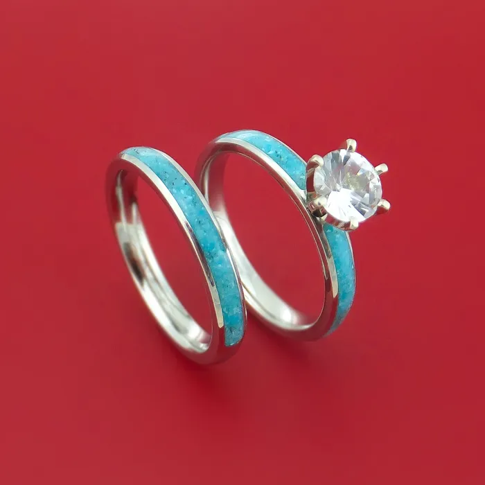 Lashbrook Rings Cobalt Chrome and White Sapphire Engagement and Wedding Ring Set with Turquoise Inlay Custom Made Lashbrook Rings Cobalt Chrome and White Sapphire Engagement and Wedding Ring Set with Turquoise Inlay Custom Made