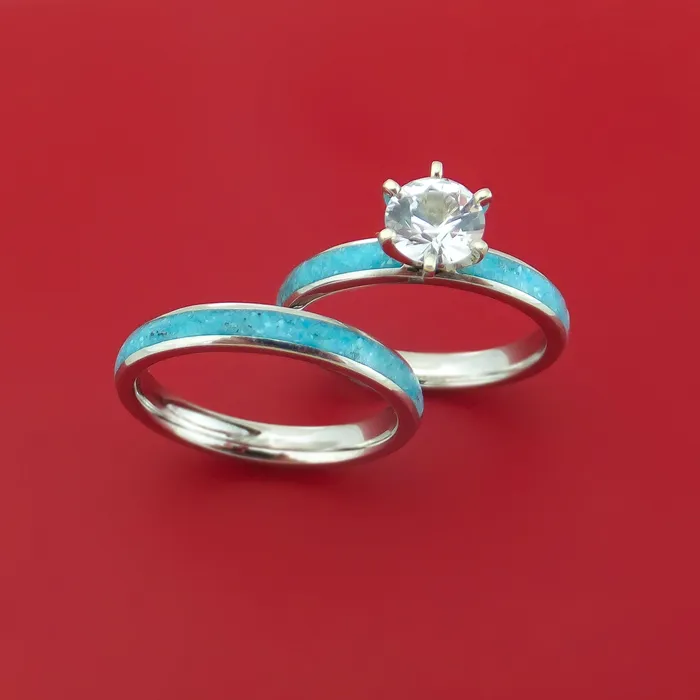 Lashbrook Rings Cobalt Chrome and White Sapphire Engagement and Wedding Ring Set with Turquoise Inlay Custom Made