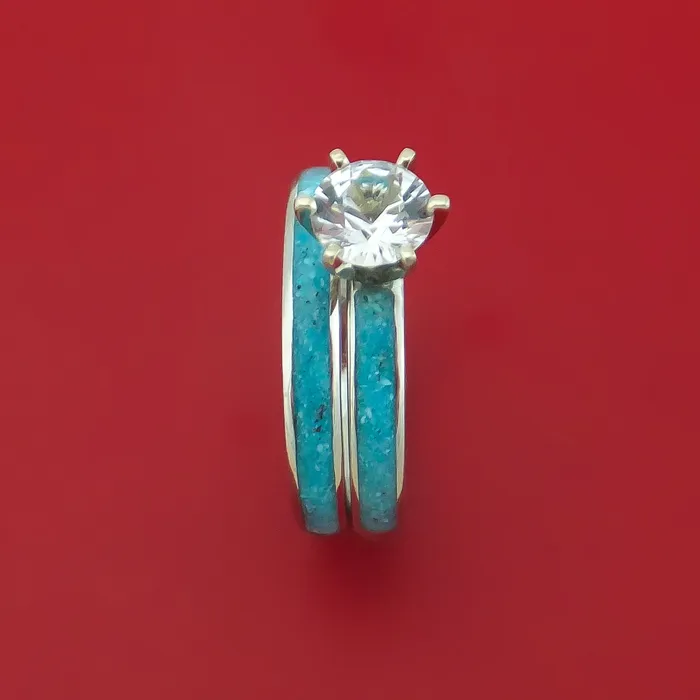Lashbrook Rings Cobalt Chrome and White Sapphire Engagement and Wedding Ring Set with Turquoise Inlay Custom Made