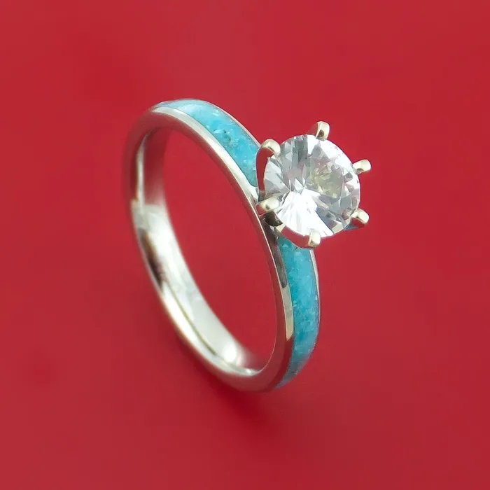Lashbrook Rings Cobalt Chrome and White Sapphire Engagement and Wedding Ring Set with Turquoise Inlay Custom Made
