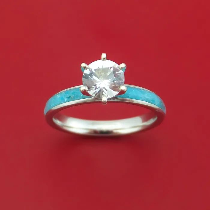 Lashbrook Rings Cobalt Chrome and White Sapphire Engagement and Wedding Ring Set with Turquoise Inlay Custom Made