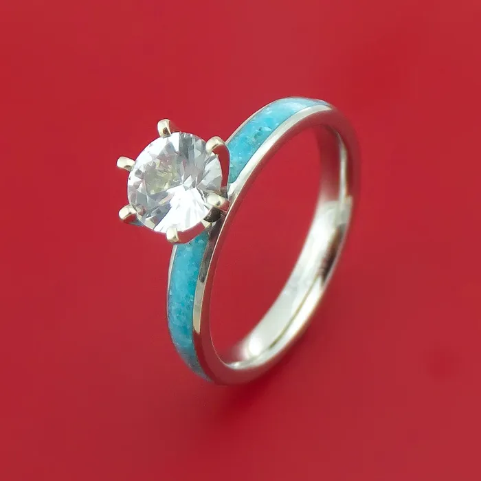 Lashbrook Rings Cobalt Chrome and White Sapphire Engagement and Wedding Ring Set with Turquoise Inlay Custom Made