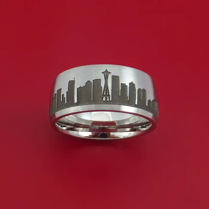 Lashbrook Rings Cobalt Chrome Ring with Seattle Skyline Cityscape Custom Made Band Lashbrook Rings Cobalt Chrome Ring with Seattle Skyline Cityscape Custom Made Band