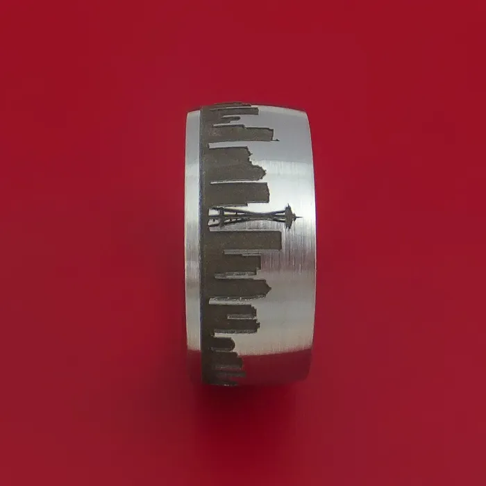 Lashbrook Rings Cobalt Chrome Ring with Seattle Skyline Cityscape Custom Made Band Lashbrook Rings Cobalt Chrome Ring with Seattle Skyline Cityscape Custom Made Band