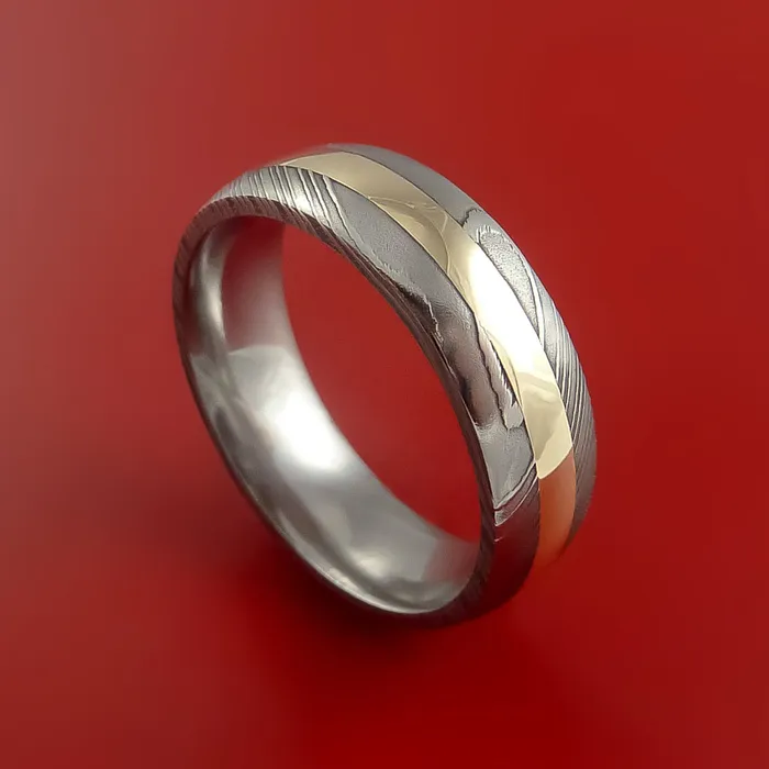 Lashbrook Rings Damascus Steel Ring with 14k Yellow Gold Inlay Custom Made Band Lashbrook Rings Damascus Steel Ring with 14k Yellow Gold Inlay Custom Made Band
