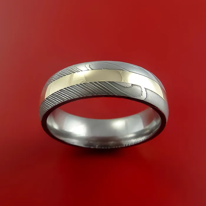 Lashbrook Rings Damascus Steel Ring with 14k Yellow Gold Inlay Custom Made Band Lashbrook Rings Damascus Steel Ring with 14k Yellow Gold Inlay Custom Made Band