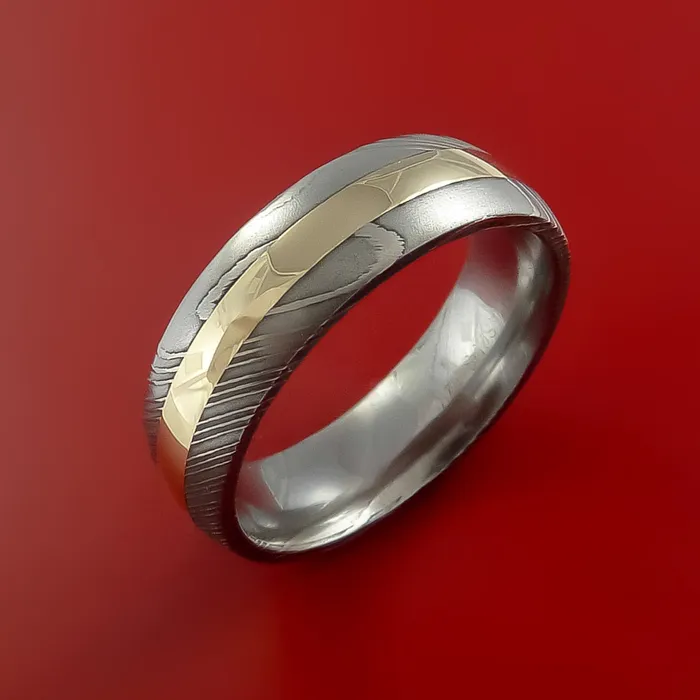 Lashbrook Rings Damascus Steel Ring with 14k Yellow Gold Inlay Custom Made Band Lashbrook Rings Damascus Steel Ring with 14k Yellow Gold Inlay Custom Made Band