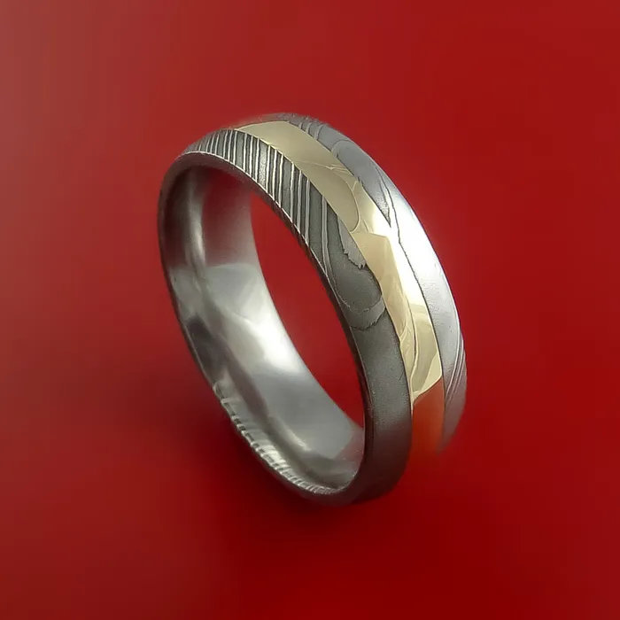 Lashbrook Rings Damascus Steel Ring with 14k Yellow Gold Inlay Custom Made Band Lashbrook Rings Damascus Steel Ring with 14k Yellow Gold Inlay Custom Made Band