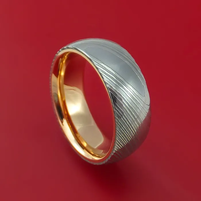 Lashbrook Rings Damascus Steel Ring with Interior 18k Rose Gold Sleeve Custom Made Band Lashbrook Rings Damascus Steel Ring with Interior 18k Rose Gold Sleeve Custom Made Band