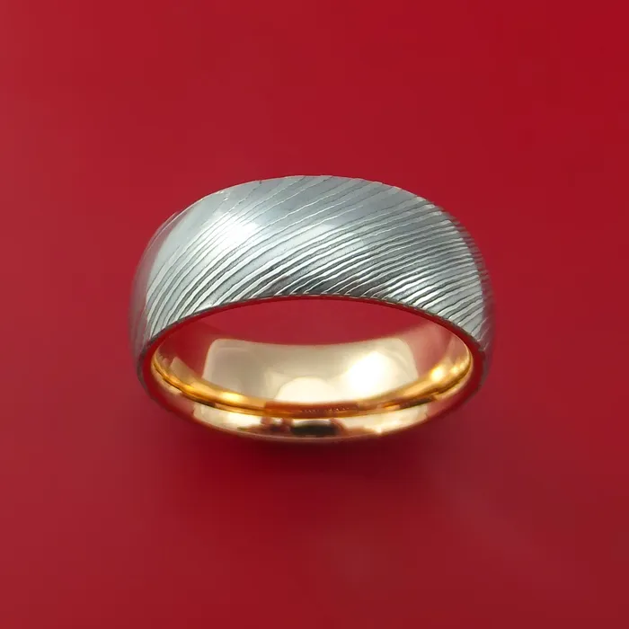 Lashbrook Rings Damascus Steel Ring with Interior 18k Rose Gold Sleeve Custom Made Band