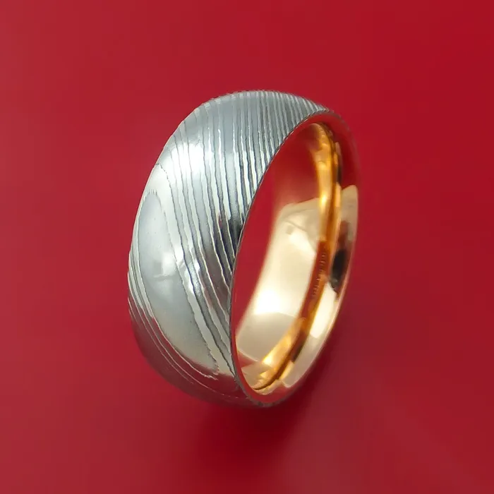 Lashbrook Rings Damascus Steel Ring with Interior 18k Rose Gold Sleeve Custom Made Band