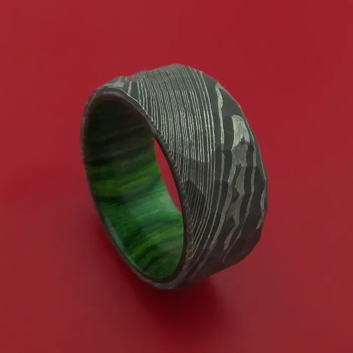 Lashbrook Rings Hammered Damascus Steel Ring with Interior Hardwood Sleeve Custom Made Band Lashbrook Rings Hammered Damascus Steel Ring with Interior Hardwood Sleeve Custom Made Band