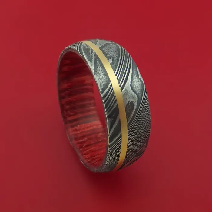 Lashbrook Rings Kuro Damascus Steel Ring with 14k Yellow Gold Inlay and Interior Hardwood Sleeve Custom Made Band Lashbrook Rings Kuro Damascus Steel Ring with 14k Yellow Gold Inlay and Interior Hardwood Sleeve Custom Made Band