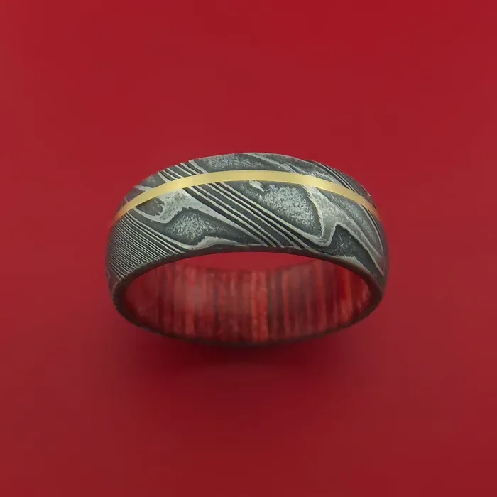 Lashbrook Rings Kuro Damascus Steel Ring with 14k Yellow Gold Inlay and Interior Hardwood Sleeve Custom Made Band
