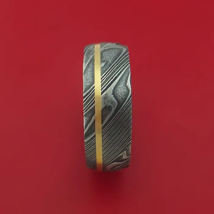 Lashbrook Rings Kuro Damascus Steel Ring with 14k Yellow Gold Inlay and Interior Hardwood Sleeve Custom Made Band