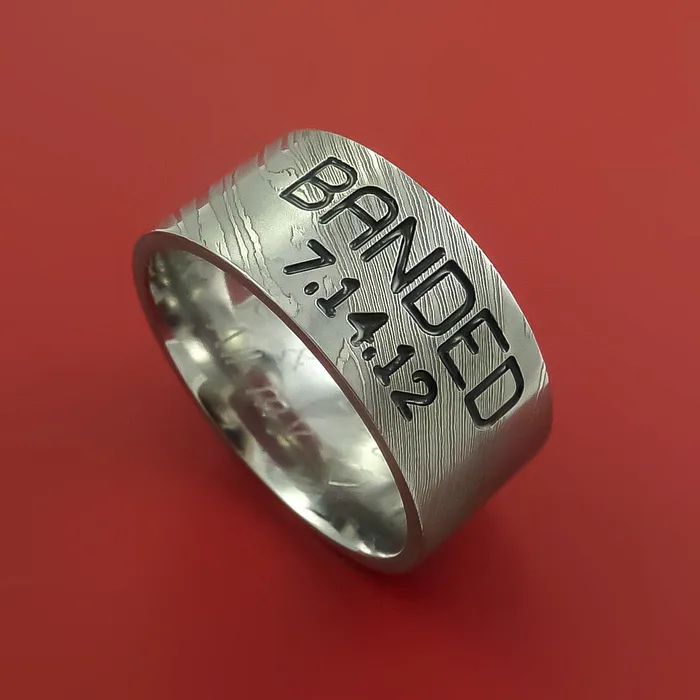 Lashbrook Rings Wide Damascus Steel Ring with Personalized Message Duck Band Inlay Custom Made Band Lashbrook Rings Wide Damascus Steel Ring with Personalized Message Duck Band Inlay Custom Made Band