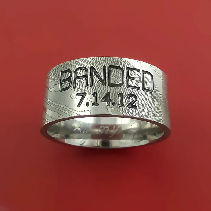 Lashbrook Rings Wide Damascus Steel Ring with Personalized Message Duck Band Inlay Custom Made Band Lashbrook Rings Wide Damascus Steel Ring with Personalized Message Duck Band Inlay Custom Made Band