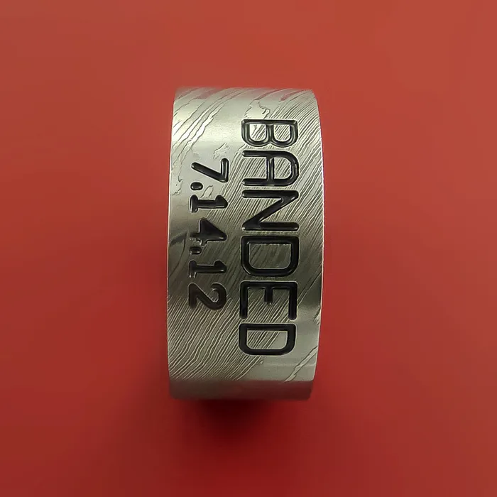 Lashbrook Rings Wide Damascus Steel Ring with Personalized Message Duck Band Inlay Custom Made Band Lashbrook Rings Wide Damascus Steel Ring with Personalized Message Duck Band Inlay Custom Made Band