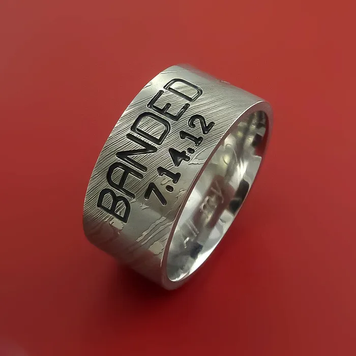 Lashbrook Rings Wide Damascus Steel Ring with Personalized Message Duck Band Inlay Custom Made Band Lashbrook Rings Wide Damascus Steel Ring with Personalized Message Duck Band Inlay Custom Made Band