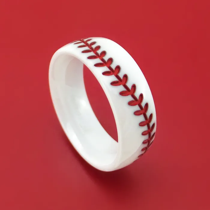 Lashbrook White Ceramic Ring with Baseball Stitching and Cerakote Inlay Custom Made Band Rings Lashbrook White Ceramic Ring with Baseball Stitching and Cerakote Inlay Custom Made Band Rings