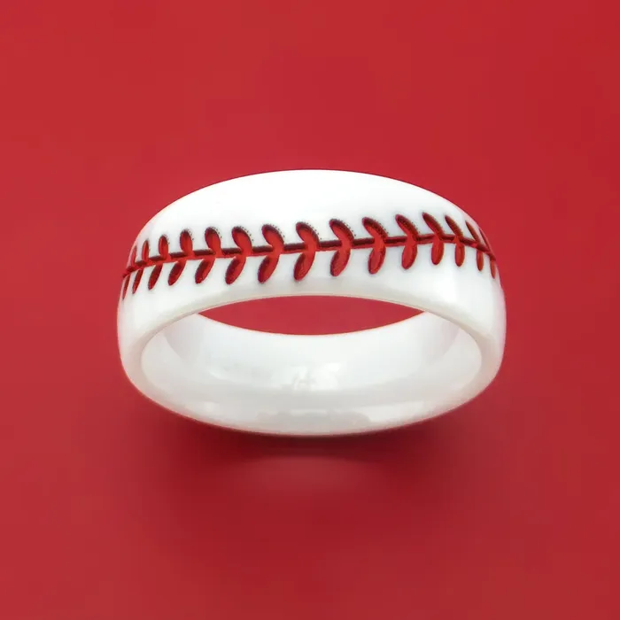 Lashbrook White Ceramic Ring with Baseball Stitching and Cerakote Inlay Custom Made Band Rings Lashbrook White Ceramic Ring with Baseball Stitching and Cerakote Inlay Custom Made Band Rings