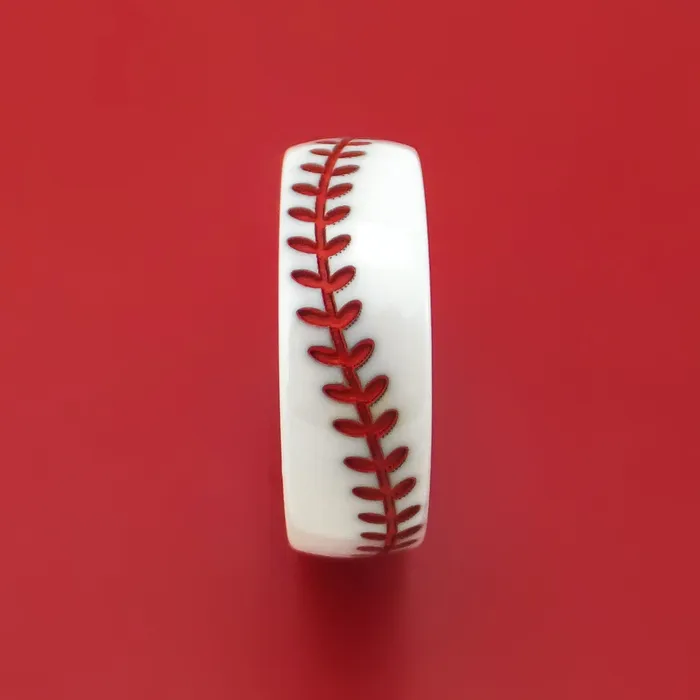 Lashbrook White Ceramic Ring with Baseball Stitching and Cerakote Inlay Custom Made Band Rings Lashbrook White Ceramic Ring with Baseball Stitching and Cerakote Inlay Custom Made Band Rings