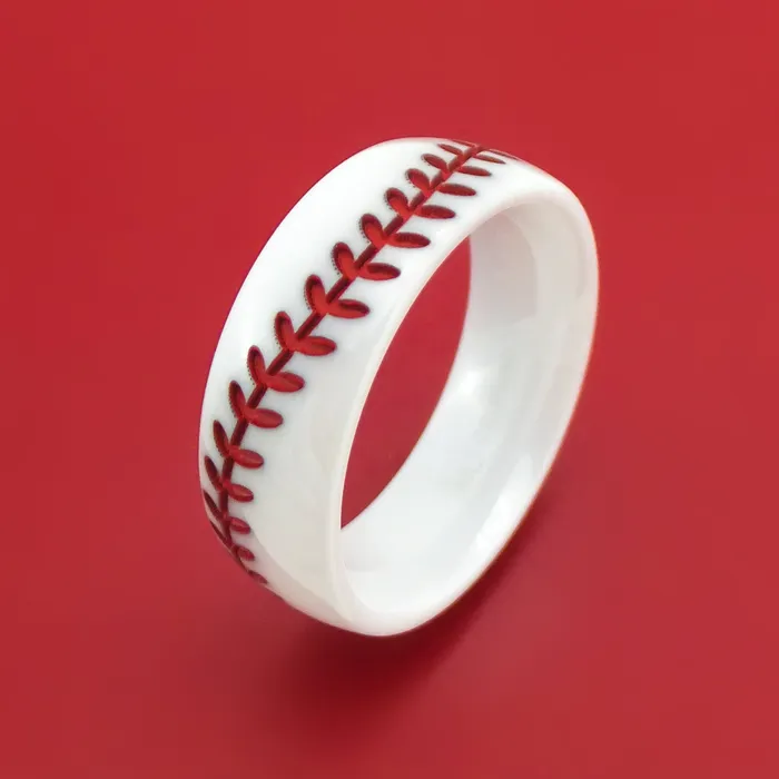 Lashbrook White Ceramic Ring with Baseball Stitching and Cerakote Inlay Custom Made Band Rings Lashbrook White Ceramic Ring with Baseball Stitching and Cerakote Inlay Custom Made Band Rings
