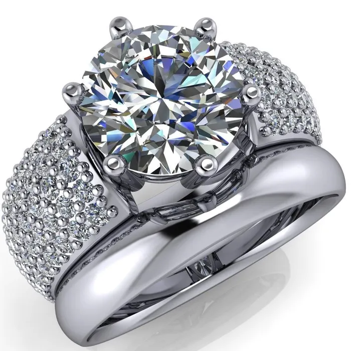 Liza Round Center Stone 6 Prong Wire Basket Thick Micropave Diamond Sides Ring Fire Brilliance Rings