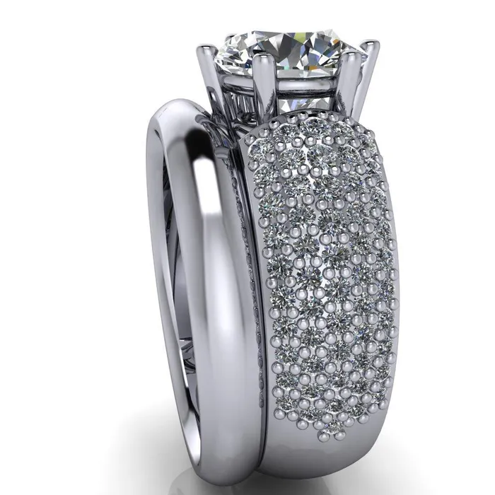 Liza Round Center Stone 6 Prong Wire Basket Thick Micropave Diamond Sides Ring Fire Brilliance Rings