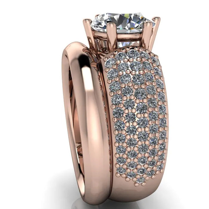 Liza Round Center Stone 6 Prong Wire Basket Thick Micropave Diamond Sides Ring Fire Brilliance Rings