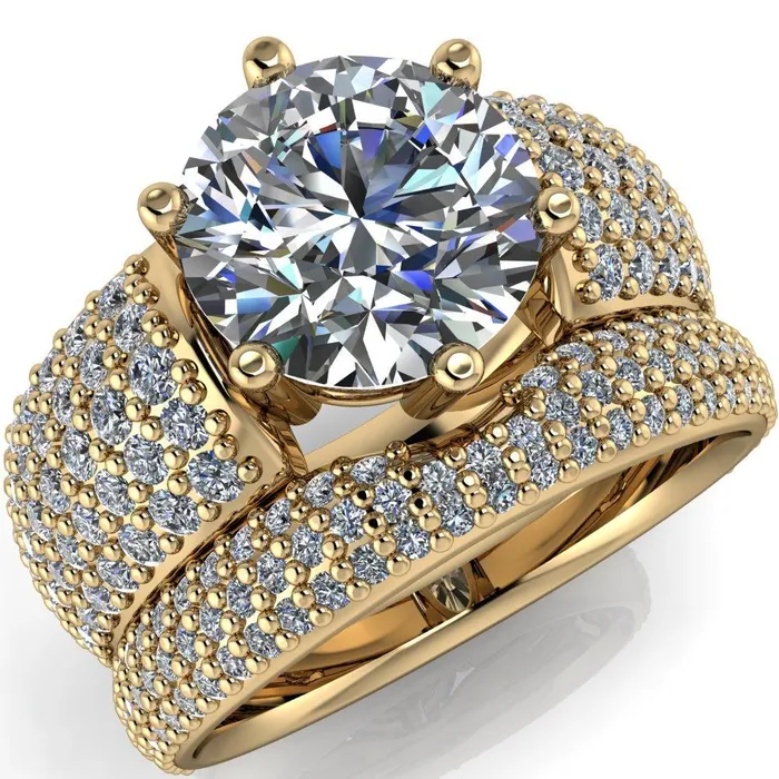 Liza Round Center Stone 6 Prong Wire Basket Thick Micropave Diamond Sides Ring Fire Brilliance Rings