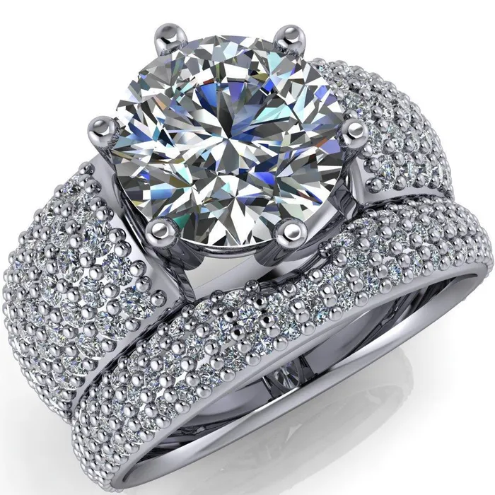 Liza Round Center Stone 6 Prong Wire Basket Thick Micropave Diamond Sides Ring Fire Brilliance Rings