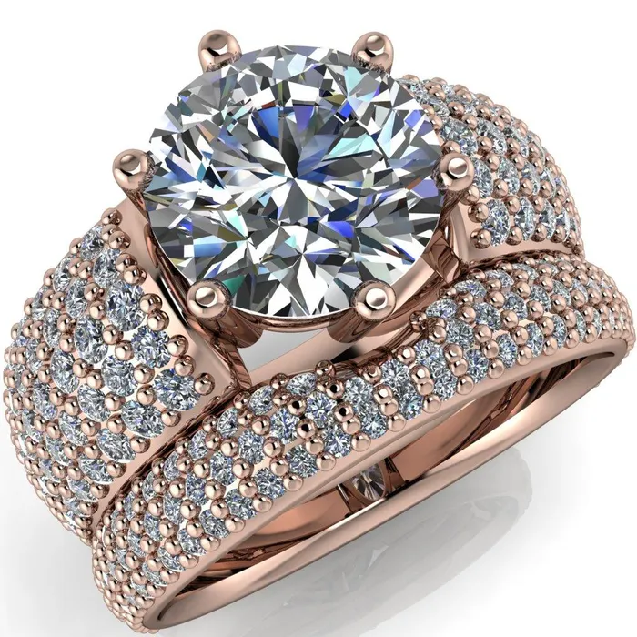 Liza Round Center Stone 6 Prong Wire Basket Thick Micropave Diamond Sides Ring Fire Brilliance Rings