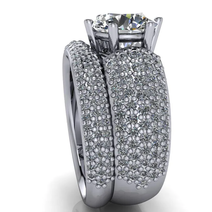Liza Round Center Stone 6 Prong Wire Basket Thick Micropave Diamond Sides Ring Fire Brilliance Rings