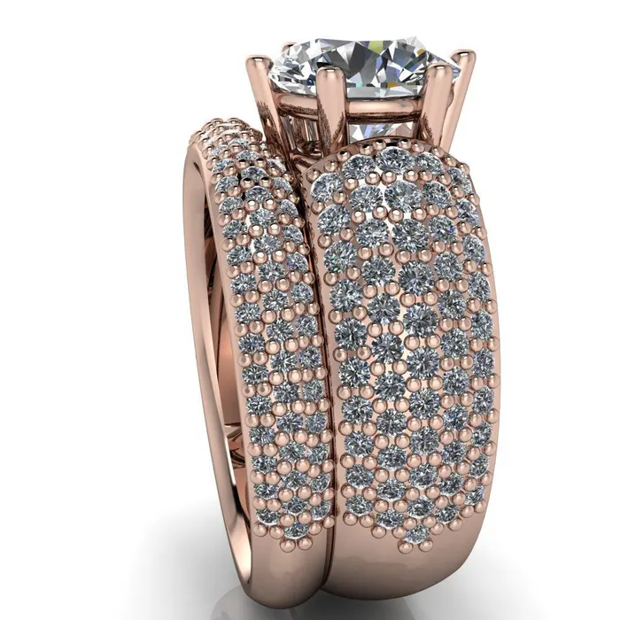 Liza Round Center Stone 6 Prong Wire Basket Thick Micropave Diamond Sides Ring Fire Brilliance Rings