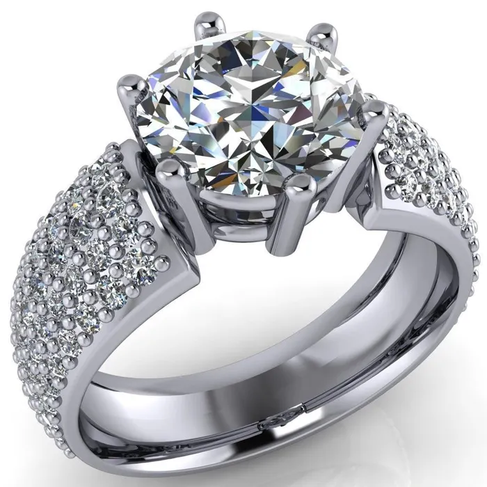Liza Round Center Stone 6 Prong Wire Basket Thick Micropave Diamond Sides Ring Fire Brilliance Rings