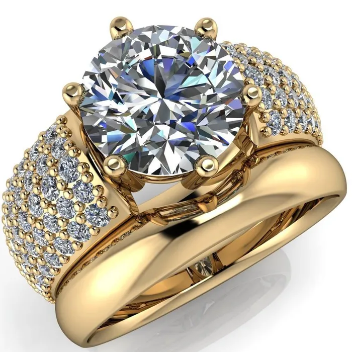 Liza Round Center Stone 6 Prong Wire Basket Thick Micropave Diamond Sides Ring Fire Brilliance Rings