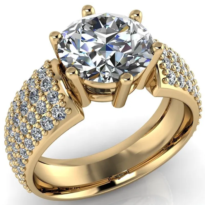Liza Round Center Stone 6 Prong Wire Basket Thick Micropave Diamond Sides Ring Fire Brilliance Rings