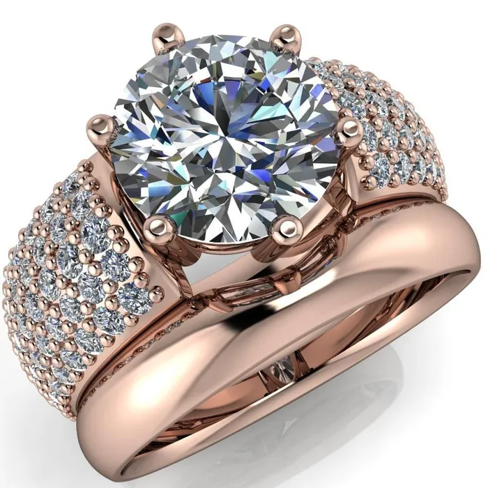 Liza Round Center Stone 6 Prong Wire Basket Thick Micropave Diamond Sides Ring Fire Brilliance Rings