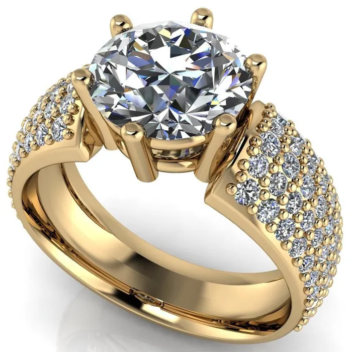 Liza Round Center Stone 6 Prong Wire Basket Thick Micropave Diamond Sides Ring Fire Brilliance Rings