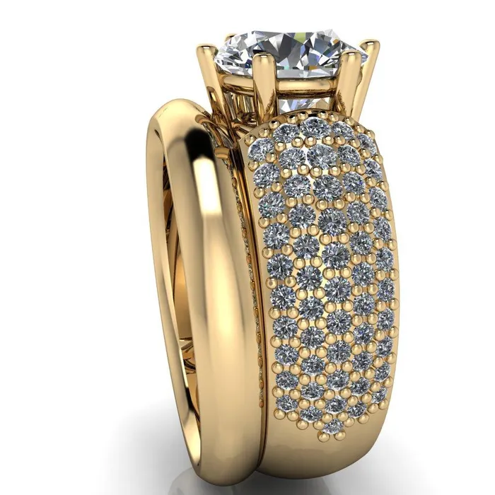 Liza Round Center Stone 6 Prong Wire Basket Thick Micropave Diamond Sides Ring Fire Brilliance Rings
