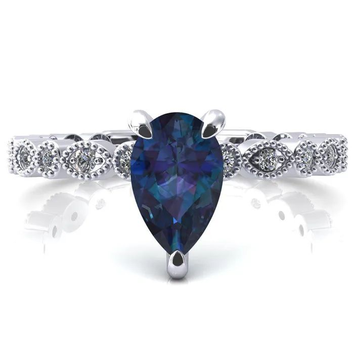 Lizette Pear Alexandrite 3 Claw Prong 34 Eternity Milgrain Diamond Shank Engagement Ring Fire Brilliance Rings Lizette Pear Alexandrite 3 Claw Prong 34 Eternity Milgrain Diamond Shank Engagement Ring Fire Brilliance Rings